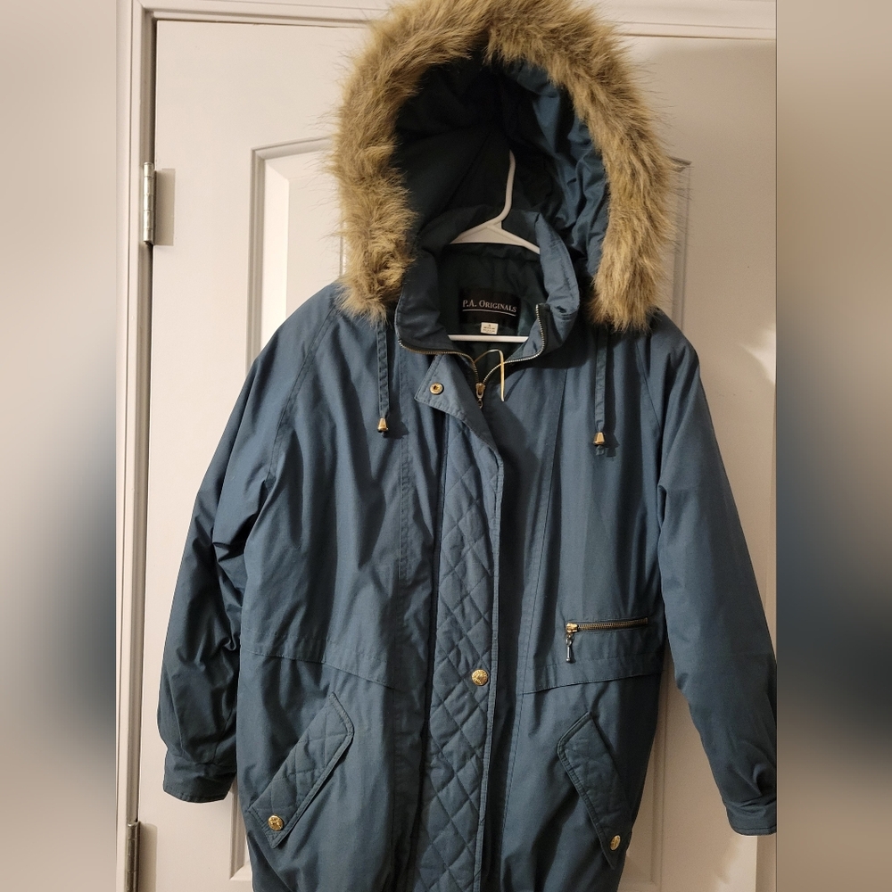 P.A. Originals Blue Parka with Faux Fur Hood NWOT Small Oversized ♥️